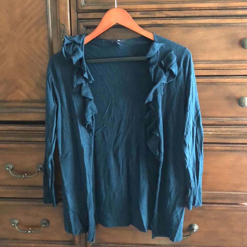 Gap teal lightweight sweater cardigan ruffled sz M